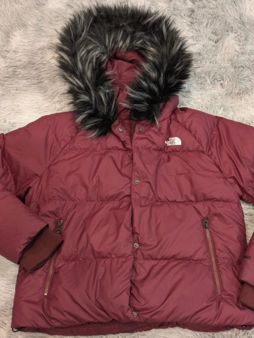 The North Face Women's Maroon Puffer Jacket with Faux Fur Hood